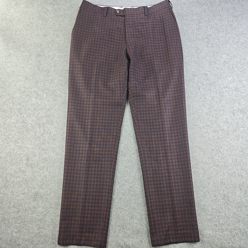 Suitsupply Soho Pants Mens 50 34x30 Brown Blue Houndstooth 100% Wool Flat Front
